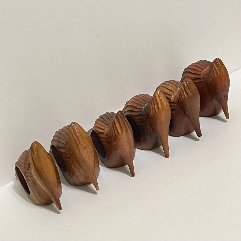 Woodpecker Bird Napkin Rings Hand Carved Wood Rustic Farmhouse Cabin Set of 6